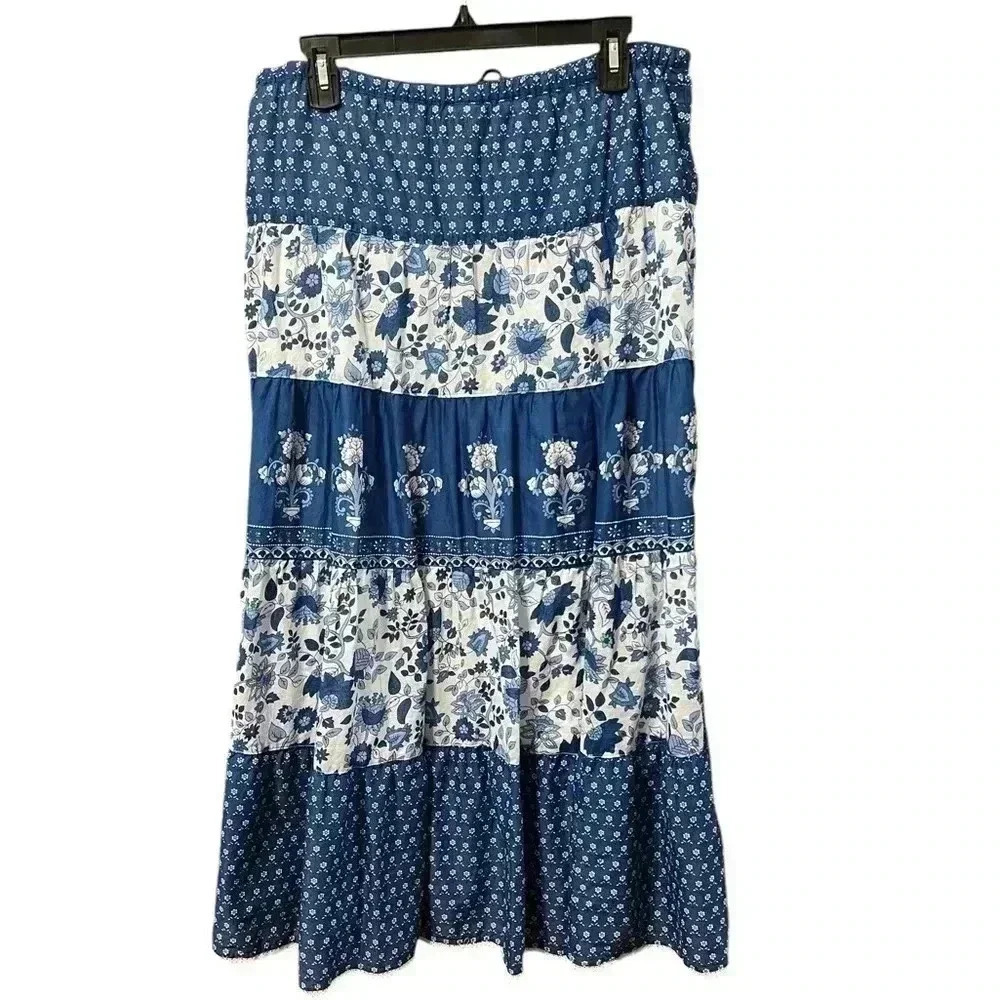 Lauren Ralph Lauren 100% Cotton Blue White Floral Elastic Waist Maxi Skirt Small